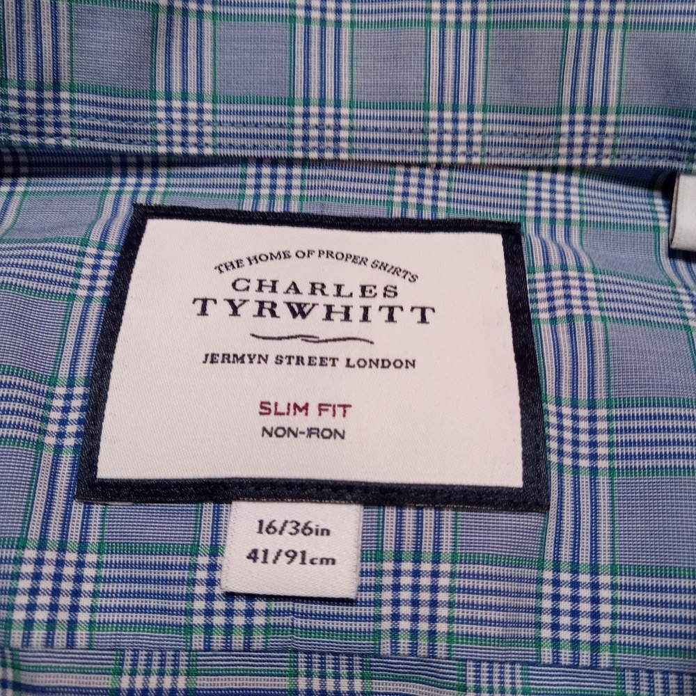 Charles Tyrwhitt Men's Long Sleeve Button Up Shirt Slim Fit Large Blue Plaid - Picture 3 of 7